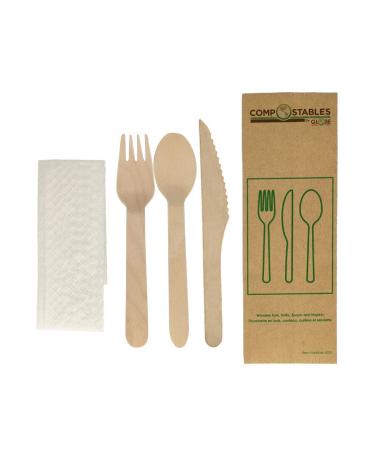 Wood Fork Knife Spoon and Napkin in Paper Bag 6.5"