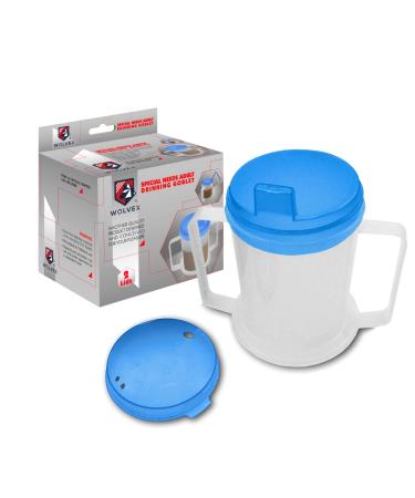 Wolvex Adult Drinking Cup Beaker with Handles & Anti Spill lids for Disabled Adults Dishwasher and Microwave Safe BPA PVC and Latex Free Blue