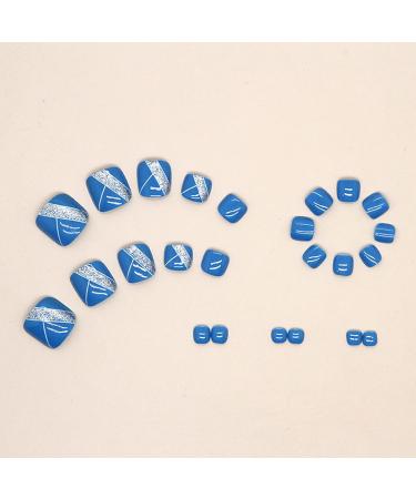 Silver Glitter Short False Toe Nails with Line Design - Cute Square Acrylic Press-on Toenails for Women - Buy Online on GoSupps.com