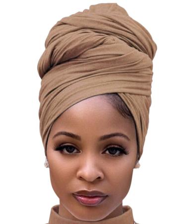 EMOOING Head Wrap Stretch Jersey Turban Extra Long Hair Scarf Soft Breathable African Knit Head Scarves Turban Tie for Black Women Camel