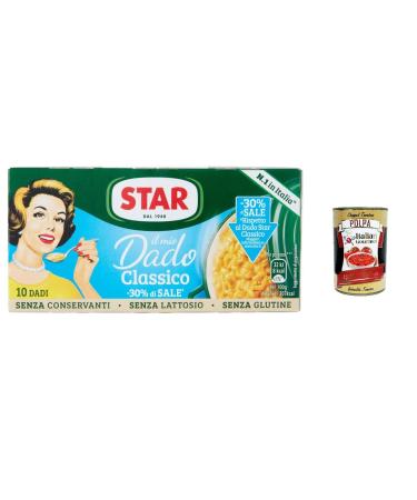 Italian Gourmet E.R. Star Il Mio Dado Classico Broth Cubes with 30% Less Salt Vegetables and Extra Virgin Olive Oil 10 Broth Cubes 100 g Preservative Lactose Free and Gluten Free + Italian Gourmet Polpa 400g