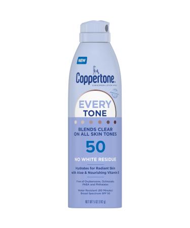 Coppertone Every Tone Sunscreen Spray SPF 50 Lightweight Blends in Clear Sunscreen for All Skin Tones Formulated with Nourishing Vitamin E 5 Oz Bottle