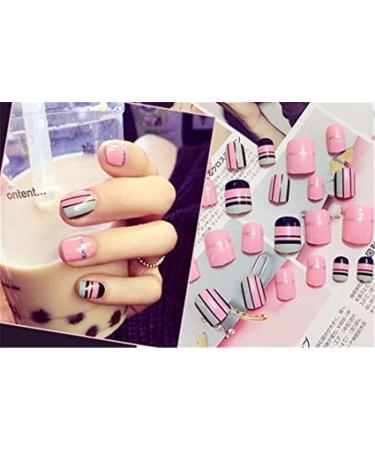 Elieeny 24Pcs/Set Pink Black Cute Fake Nails Full Cover Short Nail Tips Press on Nails with Adhesive for Women and Girls - Buy Online on GoSupps.com