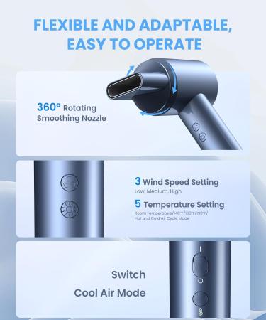 Professional Ionic Hair Dryer - High-Speed 110 000 RPM Blow Dryer for Fast Drying | Lightweight with Magnetic Nozzle - Perfect for Home & Travel | Blue Gray - Buy Online on GoSupps.com