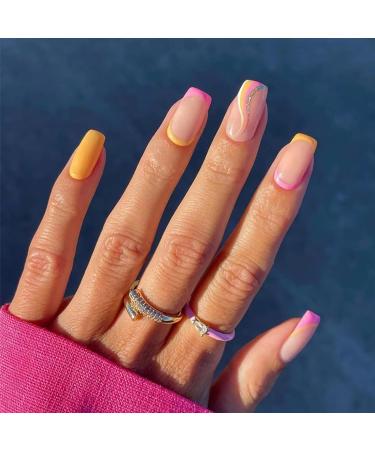 24 Pcs Swirl Square False Nails Short Rainbow French Press on Nails with Wavy Pattern Ballerina Acrylic Fake Nails Full Cover Stick on Nails 24pcs for Women and Girls 04
