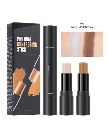 Highlighter Stick, Contouring Stick, Concealer Contour, Double-Head 2 in 1 Make up Concealer Contouring Cream Set, Long Lasting Contour Cosmetics Set ( 2 colors )(Ivory + Dark Brown)
