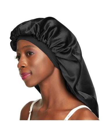 Awefeel Double Layer Satin Sleep Cap for Long Hair Braids Dreadlocks Curly Hair M Medium Black