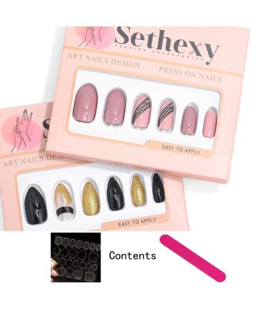 Sethexy Almond Short False Nails - Pink & Black - 48 Piece Press-On Acrylic Nails with Glue for Women & Girls - Perfect for Easy Nail Art - Buy Online on GoSupps.com