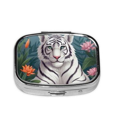 Cute White Tiger Printing 2 Compartment Small Pill Case Cute Small Pill Box Purse Pill Boxs Travel Pill Organizer for Pocket Purse and Travel Gifts