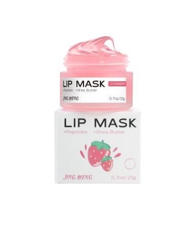 JING MENG Hydrating Lip Sleeping Mask Gloss with Peptides Shea butter for Dry Cracked Lips Ultra-Nourishing Lip Over-night Care Smooths Plumps Softens Strawberry Flavor. 0.7oz