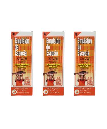 Emulsion de Escocia. Cod Liver Oil Dietary Supplement. Rich in Vitamins A D E and B1. Orange Flavored. 6.5 Fl.Oz / 192 mL. Pack of 3