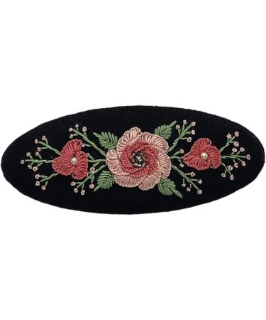 Rose Flower Pattern Embroidered Oval-Shaped French Hair Barrette Clips Poppy Flower Design Fashion Embroidered Cute Hair Clips Colorful Embroidered Hair Barrettes for Girls and Women (Black 1) - Buy Online on GoSupps.com