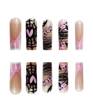 Buy 24 Pcs Long Coffin Halloween Press on Nails - SHANRUN Pink French with Spider Web Design | Full Cover Acrylic False Nails - International Shipping Available - Buy Online on GoSupps.com