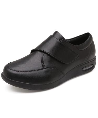 DXDUI Mens Diabetic Walking Shoes Black Leather Adjustable Thumb Valgus Sneakers Easy on Off Wide Width Comfort for Elderly Dad Black 46