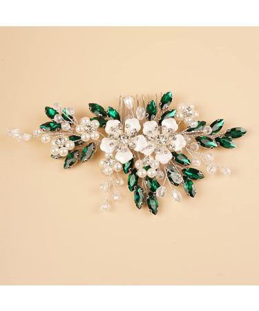 Kercisbeauty Emerald Crystal Hair Comb for Women Vintage Wedding Bridal Hair Accessories Silver Flower Hair Jewelry (Green) - Buy Online on GoSupps.com