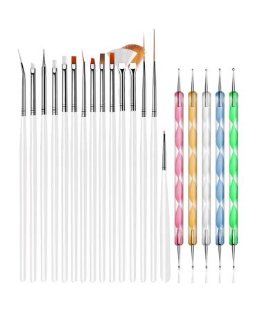 JOYJULY Professional Nail Art Brushes Kit Nail Design Tools 15pcs Nail Painting Brushes Pen with 5pcs Nail Art Dotting Tool WHITE