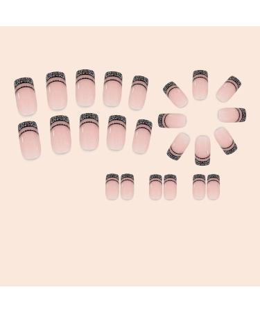 Buy Black French Tip Press On Nails - Short Square Glitter False Nails | 24 Pcs Acrylic Full Cover Design for Women - Buy Online on GoSupps.com