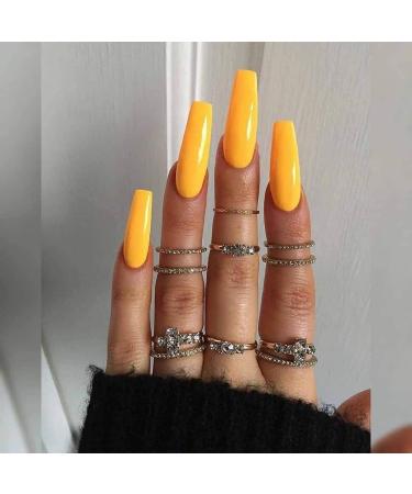 Brishow long artificial nails ballerina false nails pure color acrylic press the nails full cover stick on the nails 24 pieces for women and girls (yellow)