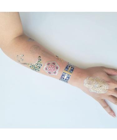 Glitter Temporary Tattoos Set - 12 Gold & Silver Henna Metallic Stickers for Women & Girls | Waterproof & Large | Style9 - Buy Online on GoSupps.com