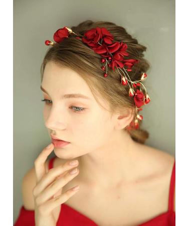 Floral Red Headband Crystal Gold Hair Vine for Wedding Bride - Boho Hair Accessory with Pearl Rhinestone Detailing - Buy Online on GoSupps.com