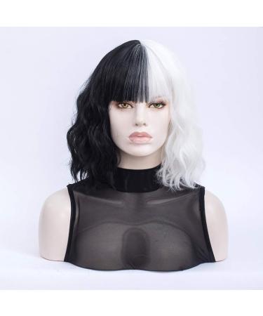 Morticia White & Black Short Curly Wig | Heat-Resistant Synthetic Bob with Full Bangs - Perfect for Women - Buy Online on GoSupps.com
