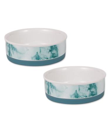 Bone Dry Pet Bowl Collection Ceramic Set, Small, Marble, 2 Count Teal Medium Set, 6x2"
