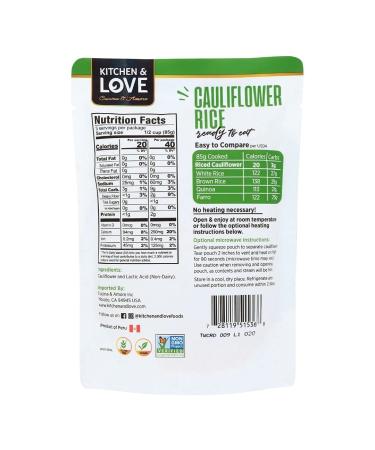 Kitchen & Love Cauliflower Rice 8 oz 6-Pack: Pre Cooked, Microwave Ready, Shelf Stable, Non GMO, Gluten & Dairy Free, Vegan, Vegetarian - Buy Online on GoSupps.com
