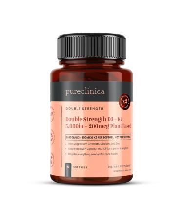 pureclinica Double Strength D3 + K2 Complex x 90 Vegan Softgels 5000 IU D3 + 100mcg K2 with Magnesium Calcium & Zinc 3 Months Supply