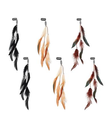 Oenothera 6 Pieces 3 Feather Hair Clips Indian Feather Headband Hippie Boho Headpiece for Women and Girls