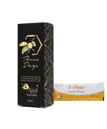 Khan El Assal Three Days Organic Honey For Men Made With Natural Jelly Bee Pollen and 100% Pure Mixed Herbals- Pack of 6 Sachets