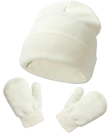 XYIYI Newborn Baby Winter Beanie Hat Mitten Set Infant Toddler Warm Knitted Hat Glove Set for Boys Girls 2-5 Years White2