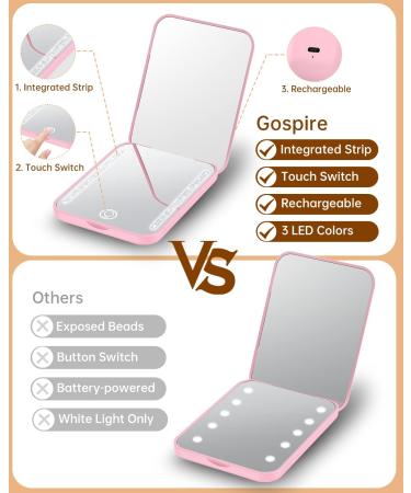 Gospire Mini Rechargeable Travel Makeup Mirror with Lights | 1X/3X Magnification | LED Compact Mirror with 3 Light Colors & Adjustable Brightness | Small Handheld Vanity Mirror for Purses | Pink - Buy Online on GoSupps.com