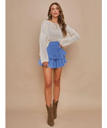 LAEMILIA Womens Floral Print Flared Mini Skater Skirt - Elastic Waist Pleated Short Skirt with Drawstring in Blue - Buy Online on GoSupps.com