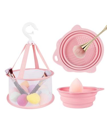 AUAUY Makeup Brush Cleaning Mat & Hanging Drying Net Foldable Makeup Brush Cleaner Silicone Brush Cleaning Bowl With Mesh Drying Rack Basket to Dry Makeup Sponge Powder Puff Brush(Pink) Cleaning Mat and Drying Basket