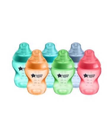 Tommee Tippee Closer To Nature Baby Bottles Fiesta Collection Slow Flow Breast-Like Nipple With Anti-Colic Valve (9oz 6 Count) Multi-colored Tippee Closer