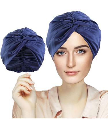 Silk Hair Bonnet Hair Wrap for Sleeping Imitation Silk Bonnet Sleep Night Cap for Women Hair Care Double Layer Soft Silky Head Scarf Match Strong Elastic Band Apply to Washing Makeup Sport One Size Navy