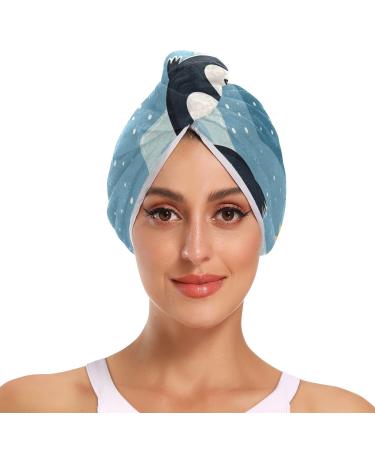Cute Penguin Stars Hair Towel 2 Pack Super Absorbent Hair Drying Towel Quick Dry Hair Turbans Head Towel with Button Twisty Wrap for Women Girls
