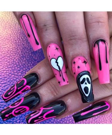 Halloween Press on Nails Long with Ghost Face Design Full Cover Halloween Long Fake Nails Coffin False Nails for Women and Girls Acrylic Nail DIY Halloween Decoration with Nail Glue 24 Pcs Halloween Grimace