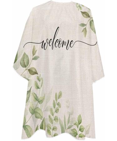 Fall Green Eucalyptus Barber Cape - Adjustable Hair Cutting Cape for Men Women & Kids | Vintage Botanical Design | 55x63 Inch Light Beige & Grass Green - Buy Online on GoSupps.com