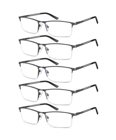 KONHAGO Blue Light Blocking Reading Glasses for Men, Half Frame Metal Readers Spring Hinge Eyeglasses Anti Eyestrain/Glare/UV 5 Pack Gray 3.0 x