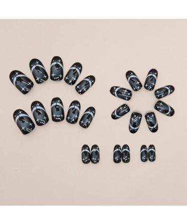 Medium Oval Press on Nails - Black Cat Star | Glossy Reusable Artificial Nails for Women | Full Cover Stick-On Acrylic Manicure - Buy Online on GoSupps.com