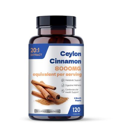 Ceylon Cinnamon Capsules | Sri Lanka Cinnamon Bark Powder | Gluten Free Natural Supplement | 120 Capsules
