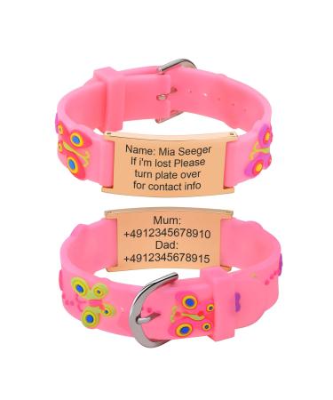 Kids Bracelet Safety ID Wristbands - Cusromised Outdoor Anti-Lost Wristband with Silicone Cartoon Pattern Personalised Medical Alert Bracelets with Emergency Contact Information For Child Boys Girls Pink Rose Gold-butterfly