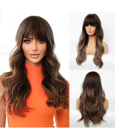 Fengq black ombre brown wigs long brown wig with pony synthetic wig women wig brown natural synthetic hair long curly hair wigs for women party daily (brown)