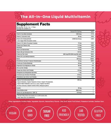 Liquid Multivitamin for Women Men & Kids | Sugar Free Liquid Vitamins | Vitamin A B C D E K Biotin Zinc Magnesium | Energy Beauty Immune Support Supplement | Vegan Natural Raspberry - Buy Online on GoSupps.com