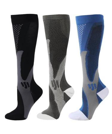 ZFiSt 3 Pair Medical Sport Compression Socks Men,20-30 mmhg Run Nurse Socks for Edema Diabetic Varicose Veins Black+blue+grey