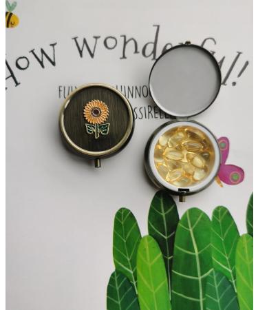 Sunflower Travel Pill Box Organizer - Cute & Portable Vitamin Holder for Purse - Vintage Bronze Metal Daily Medicine Case - Ideal for Travel & Health - Buy Online on GoSupps.com