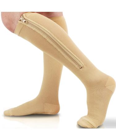 ZMERCH compression socks with zipper for women and men highly elastic nylon closed toe area pressure stocking for edema varicose veins (3xl/beige) 3XL beige