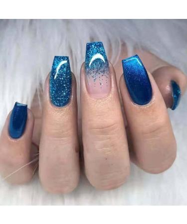 ANDGING Navy Blue Press on Nails Short Medium Coffin  French Tip Fake Nails for Women with Glitter Ombre Design  Square Glue on Nails  False Nails Press on Stick on Nails for Wedding Birthday 24Pc
