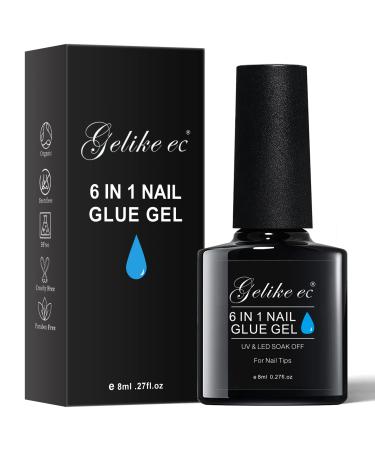 Gelike EC 6 in 1 Nail Glue Gel for Acrylic Nails Long Lasting, Curing Needed UV Extension Glue for False Nail Tips and Press on Nails, Nail Repair Treatment 1PCS NAIL GLUE